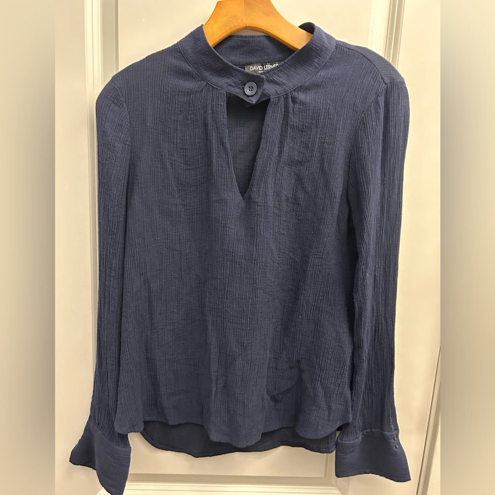 David Lerner Navy Blue Long-Sleeve Textured Blouse